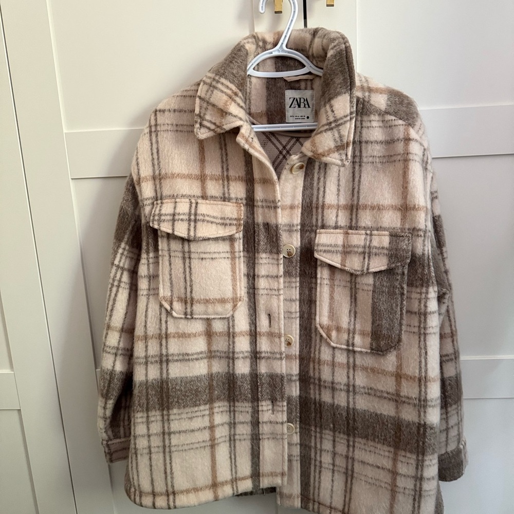 Zara Cream and Brown Plaid Shirt Jacket